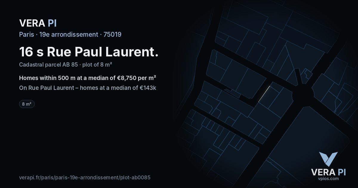 16 s Rue Paul Laurent, 19e arrondissement at night – the plot lit, the parcels around coloured by the prices near them