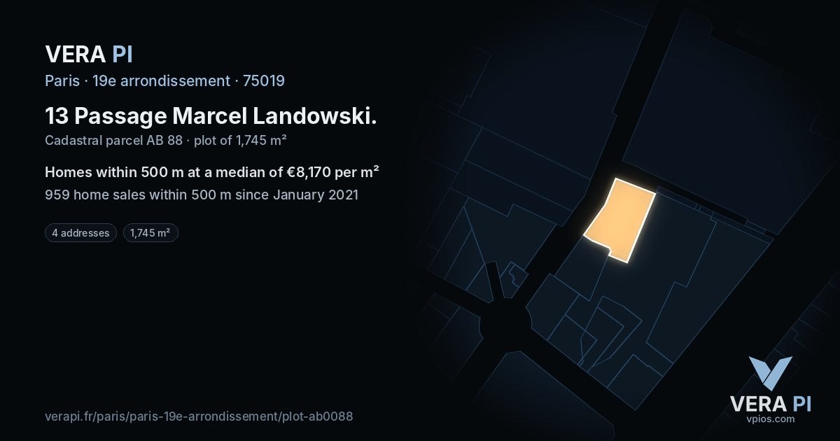 13 Passage Marcel Landowski, 19e arrondissement at night – the plot lit, the parcels around coloured by the prices near them