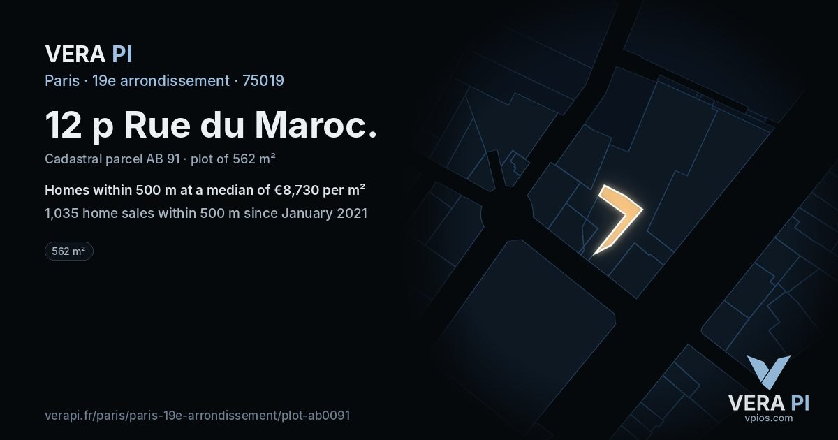 12 p Rue du Maroc, 19e arrondissement at night – the plot lit, the parcels around coloured by the prices near them