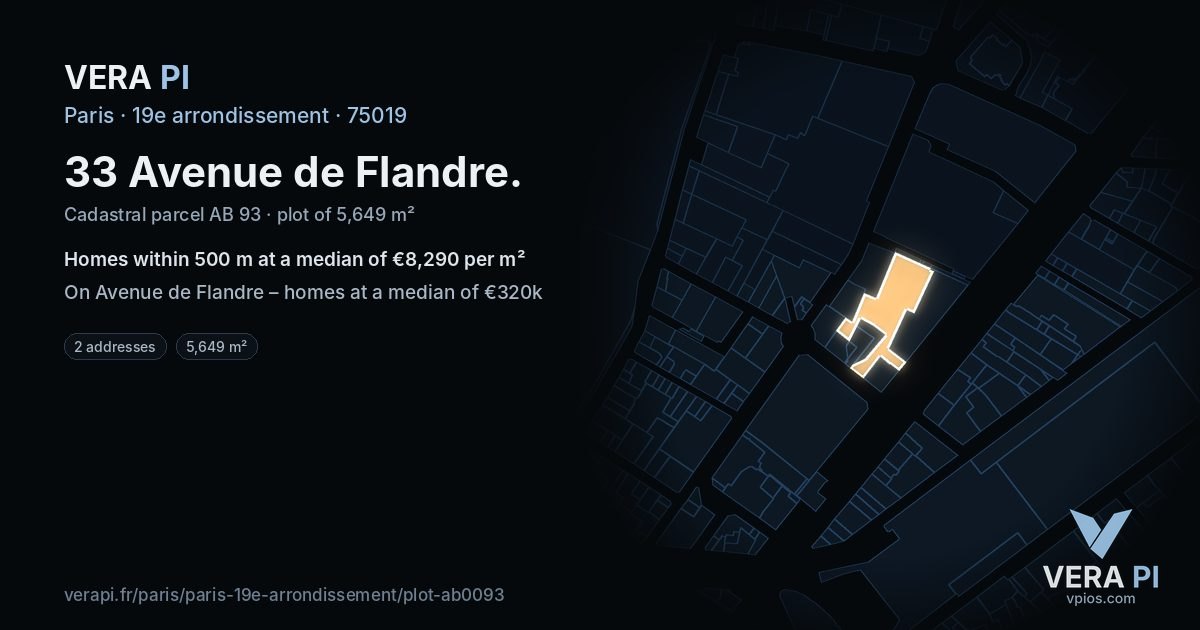 33 Avenue de Flandre, 19e arrondissement at night – the plot lit, the parcels around coloured by the prices near them