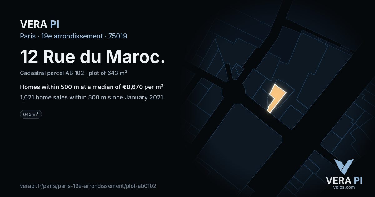 12 Rue du Maroc, 19e arrondissement at night – the plot lit, the parcels around coloured by the prices near them