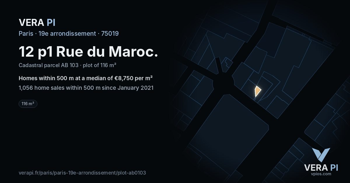 12 p1 Rue du Maroc, 19e arrondissement at night – the plot lit, the parcels around coloured by the prices near them