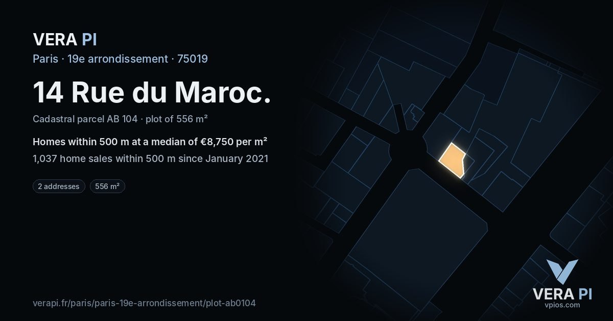 14 Rue du Maroc, 19e arrondissement at night – the plot lit, the parcels around coloured by the prices near them
