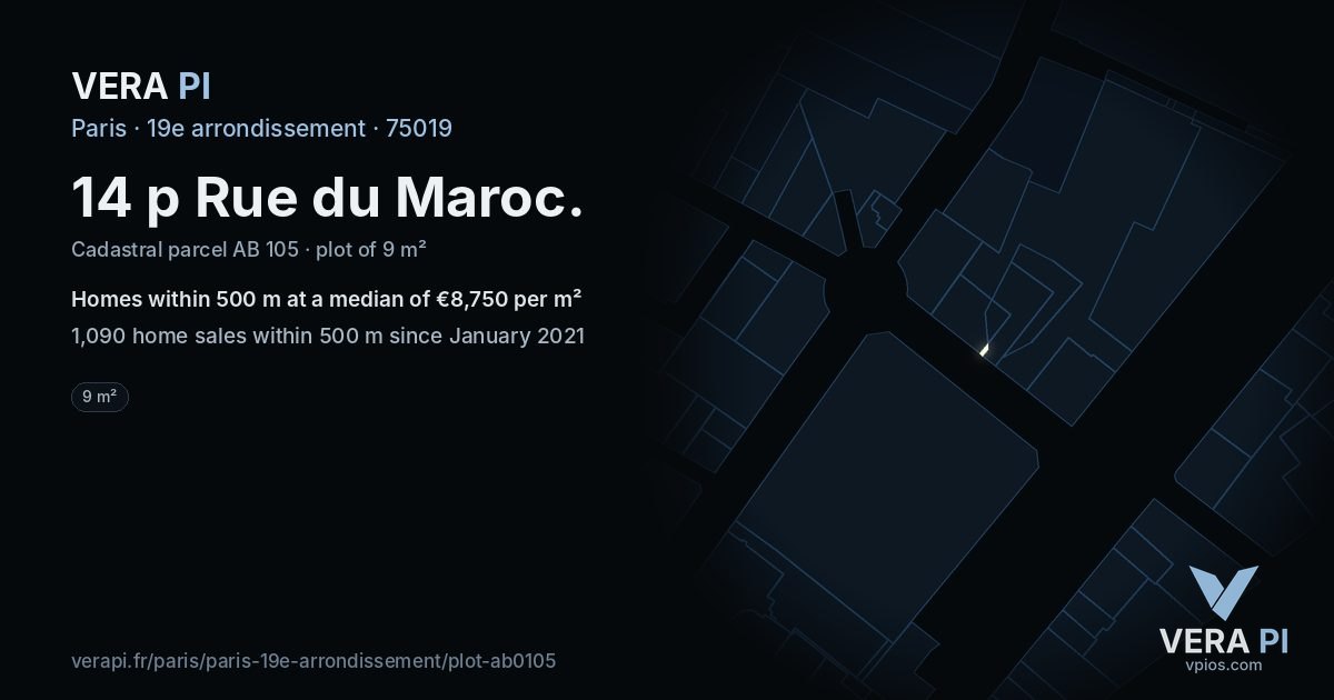 14 p Rue du Maroc, 19e arrondissement at night – the plot lit, the parcels around coloured by the prices near them