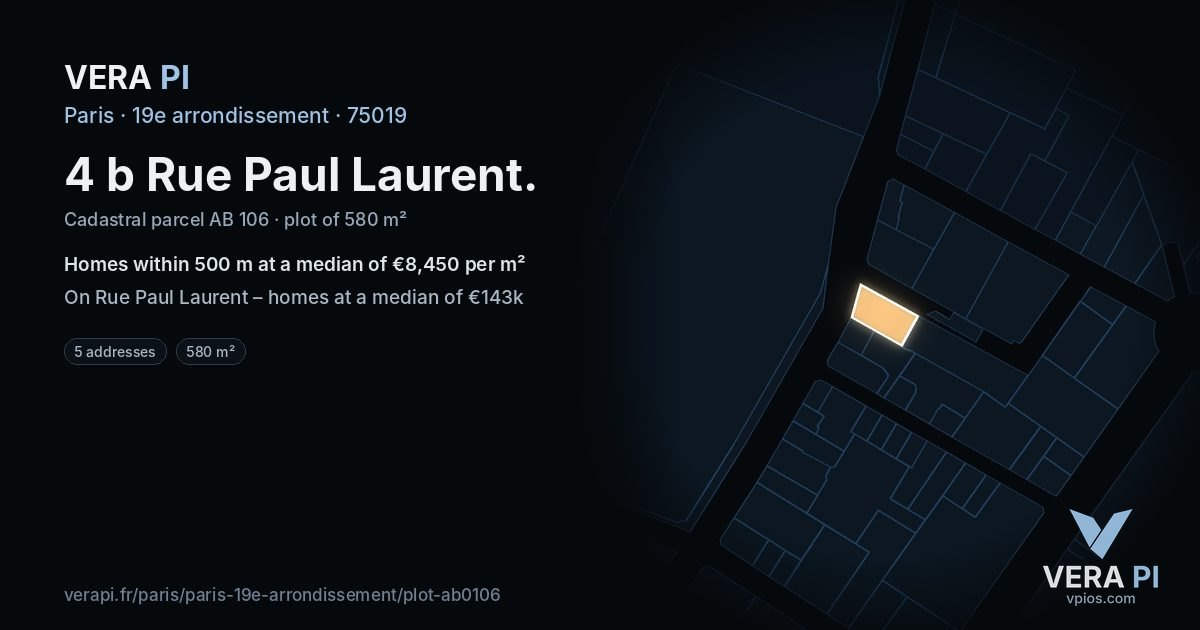 4 b Rue Paul Laurent, 19e arrondissement at night – the plot lit, the parcels around coloured by the prices near them