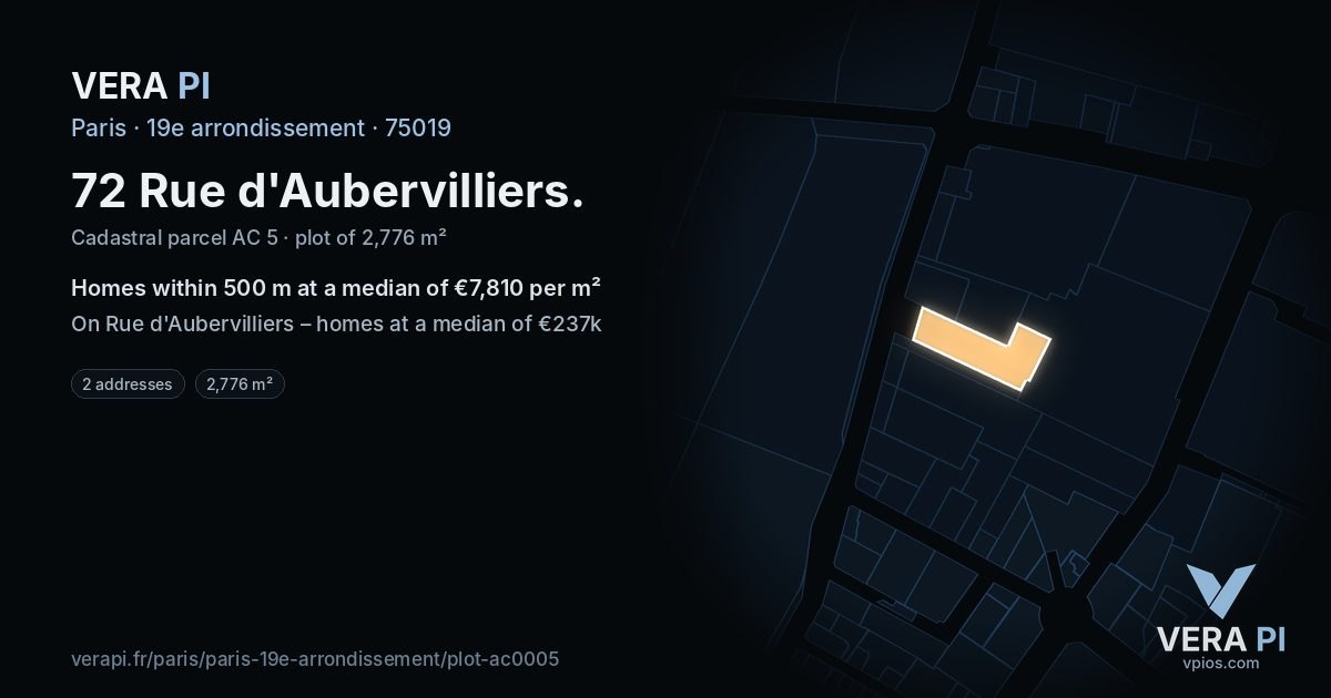 72 Rue d'Aubervilliers, 19e arrondissement at night – the plot lit, the parcels around coloured by the prices near them