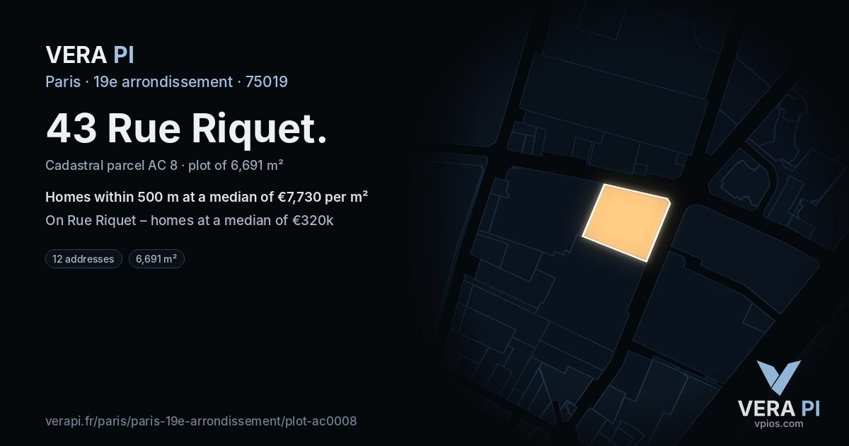 43 Rue Riquet, 19e arrondissement at night – the plot lit, the parcels around coloured by the prices near them