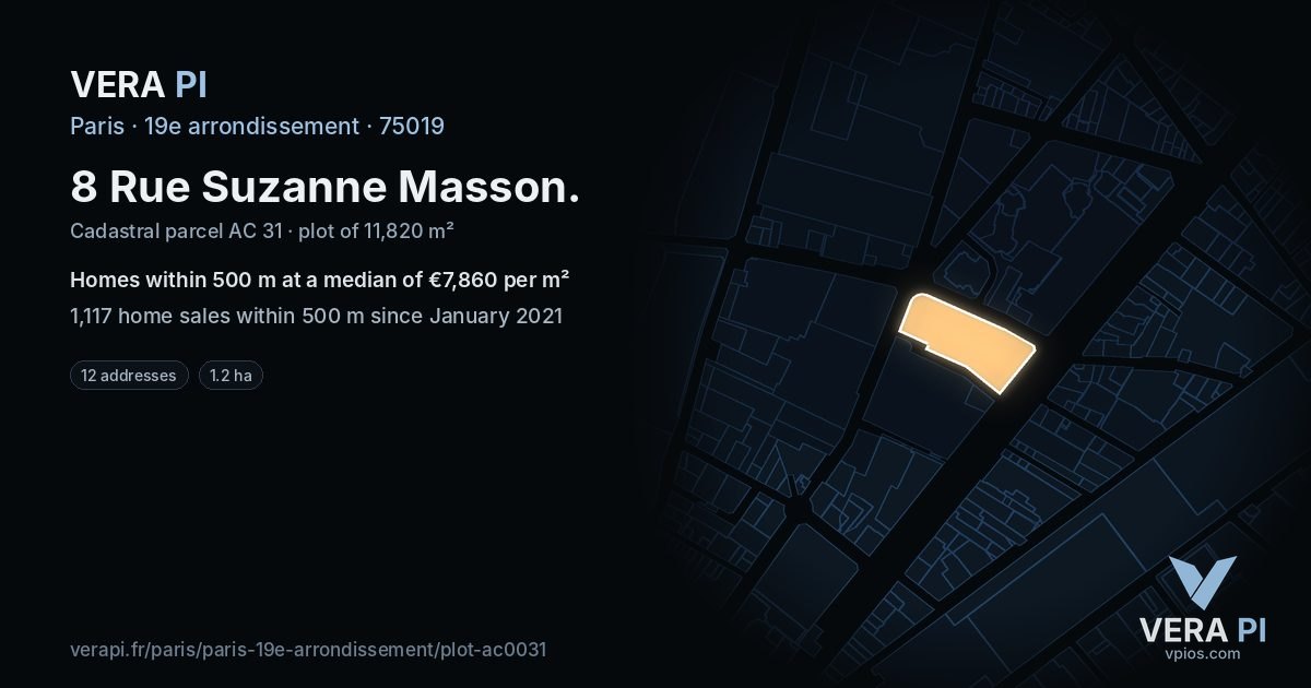 8 Rue Suzanne Masson, 19e arrondissement at night – the plot lit, the parcels around coloured by the prices near them