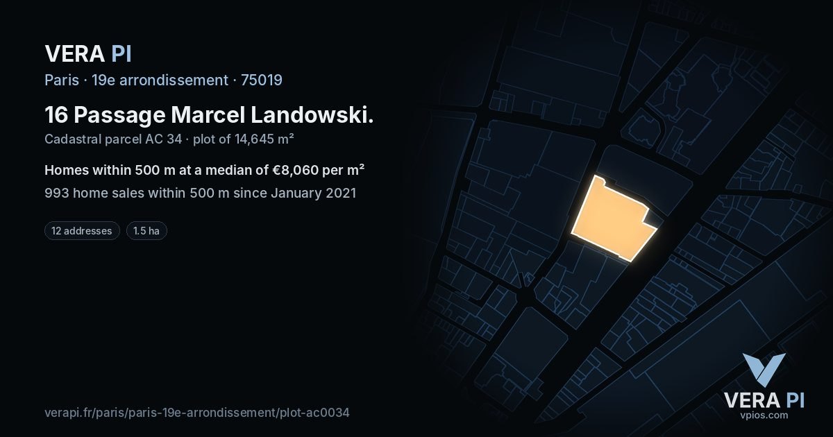 16 Passage Marcel Landowski, 19e arrondissement at night – the plot lit, the parcels around coloured by the prices near them