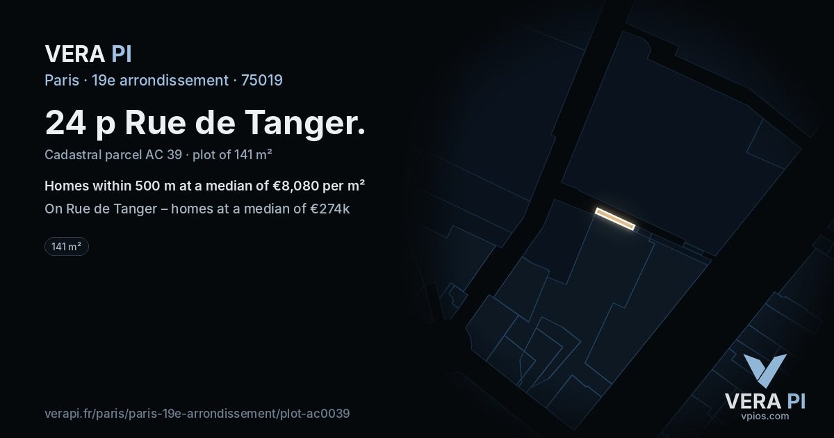 24 p Rue de Tanger, 19e arrondissement at night – the plot lit, the parcels around coloured by the prices near them