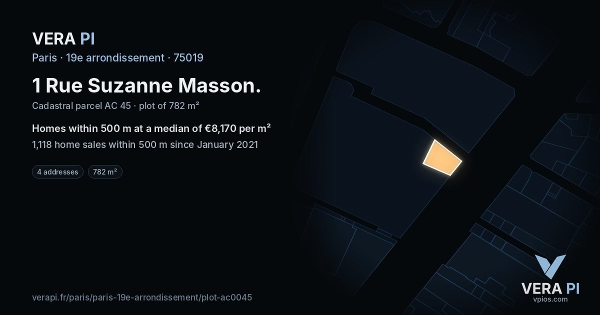 1 Rue Suzanne Masson, 19e arrondissement at night – the plot lit, the parcels around coloured by the prices near them