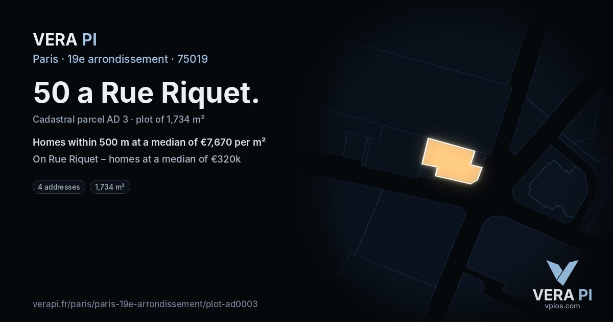 50 a Rue Riquet, 19e arrondissement at night – the plot lit, the parcels around coloured by the prices near them