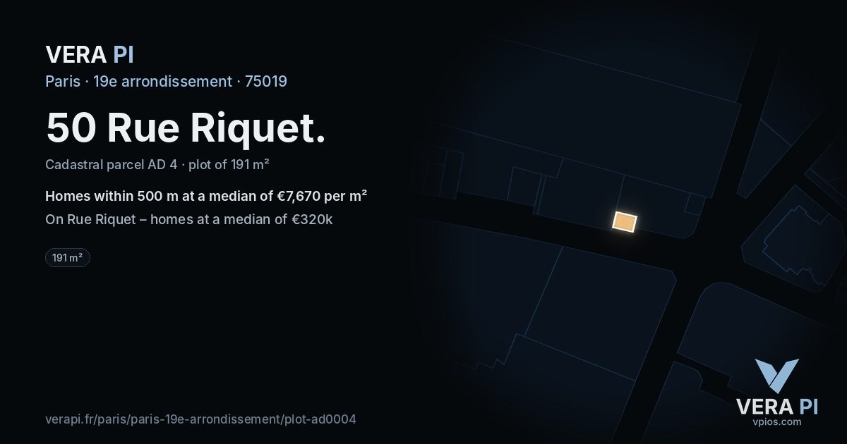 50 Rue Riquet, 19e arrondissement at night – the plot lit, the parcels around coloured by the prices near them