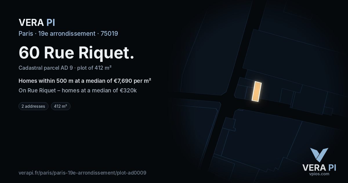 60 Rue Riquet, 19e arrondissement at night – the plot lit, the parcels around coloured by the prices near them