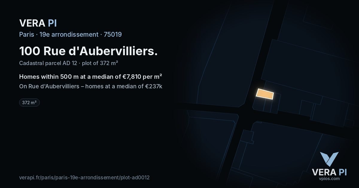 100 Rue d'Aubervilliers, 19e arrondissement at night – the plot lit, the parcels around coloured by the prices near them