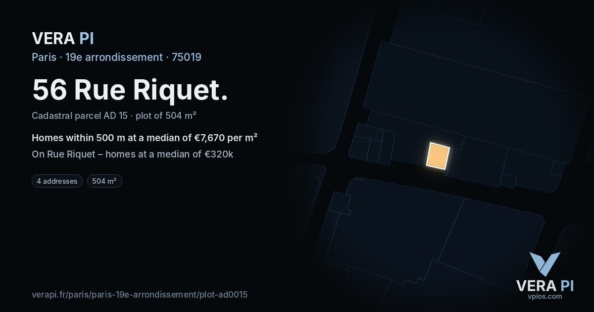 56 Rue Riquet, 19e arrondissement at night – the plot lit, the parcels around coloured by the prices near them