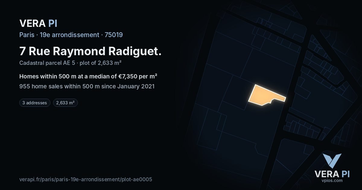 7 Rue Raymond Radiguet, 19e arrondissement at night – the plot lit, the parcels around coloured by the prices near them