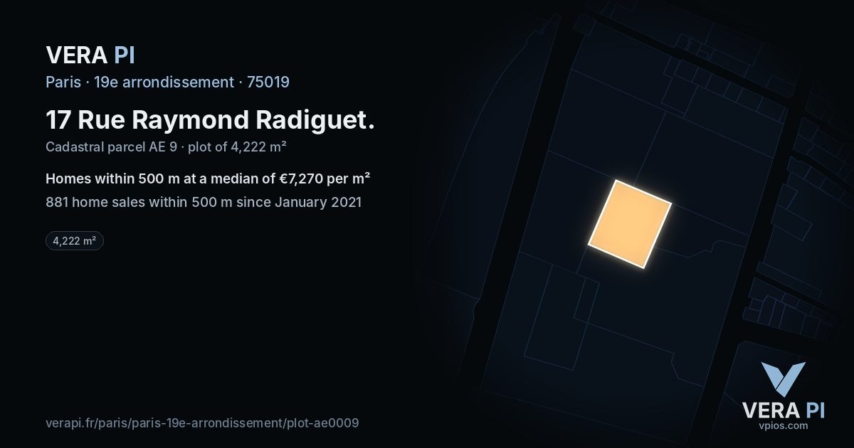 17 Rue Raymond Radiguet, 19e arrondissement at night – the plot lit, the parcels around coloured by the prices near them