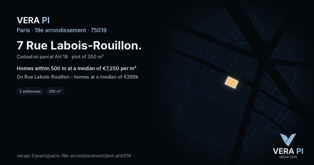 7 Rue Labois-Rouillon, 19e arrondissement at night – the plot lit, the parcels around coloured by the prices near them