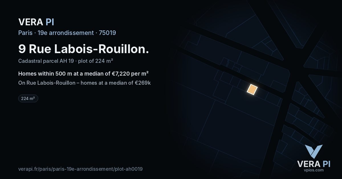 9 Rue Labois-Rouillon, 19e arrondissement at night – the plot lit, the parcels around coloured by the prices near them