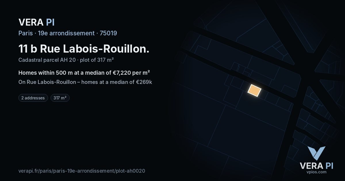 11 b Rue Labois-Rouillon, 19e arrondissement at night – the plot lit, the parcels around coloured by the prices near them