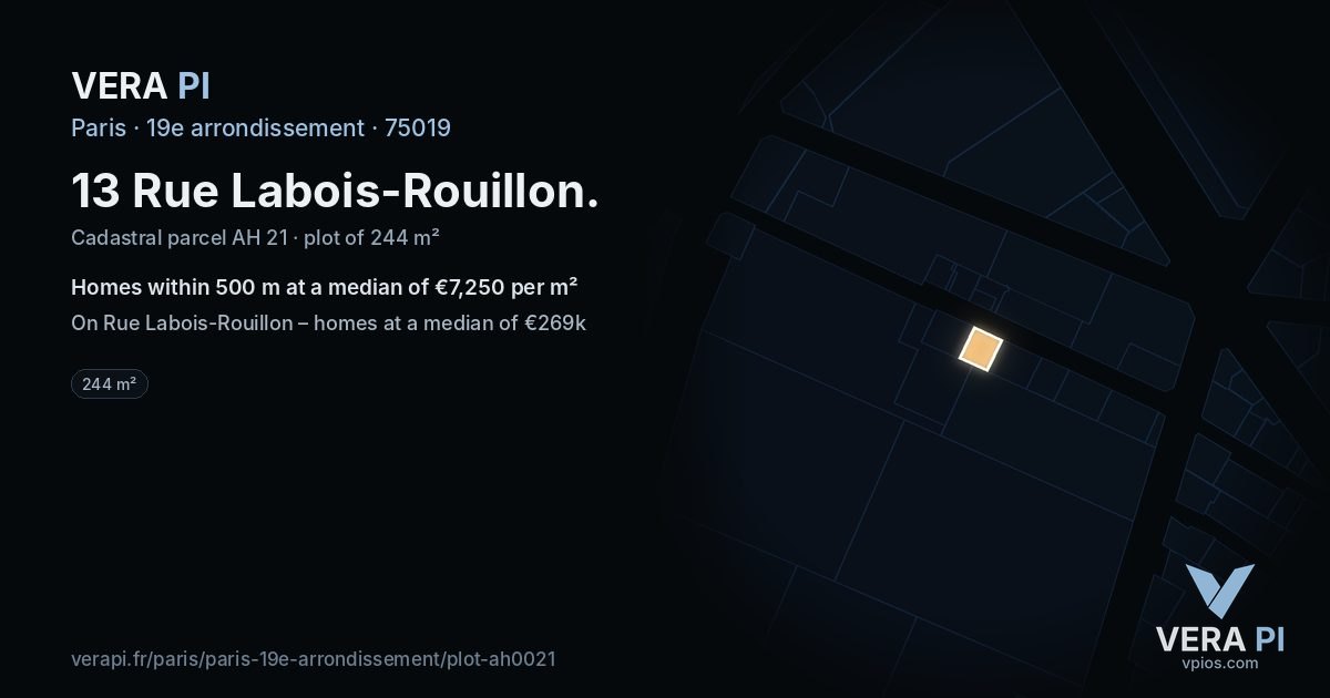 13 Rue Labois-Rouillon, 19e arrondissement at night – the plot lit, the parcels around coloured by the prices near them