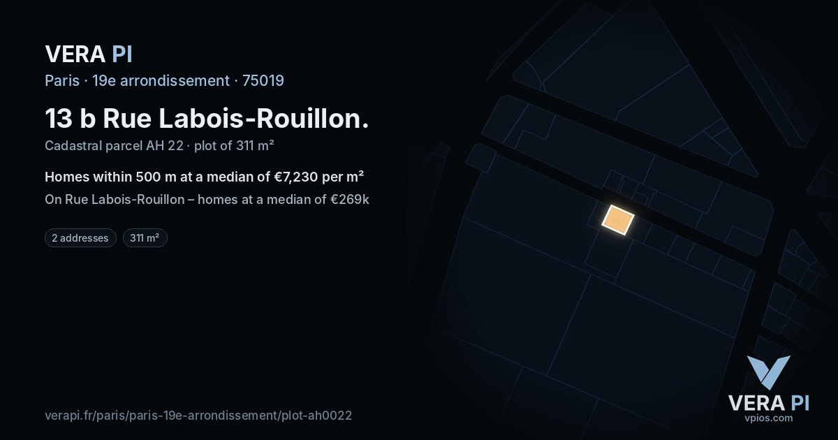13 b Rue Labois-Rouillon, 19e arrondissement at night – the plot lit, the parcels around coloured by the prices near them