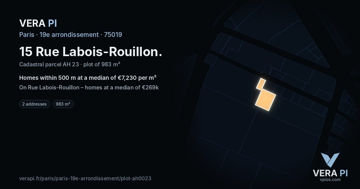 15 Rue Labois-Rouillon, 19e arrondissement at night – the plot lit, the parcels around coloured by the prices near them