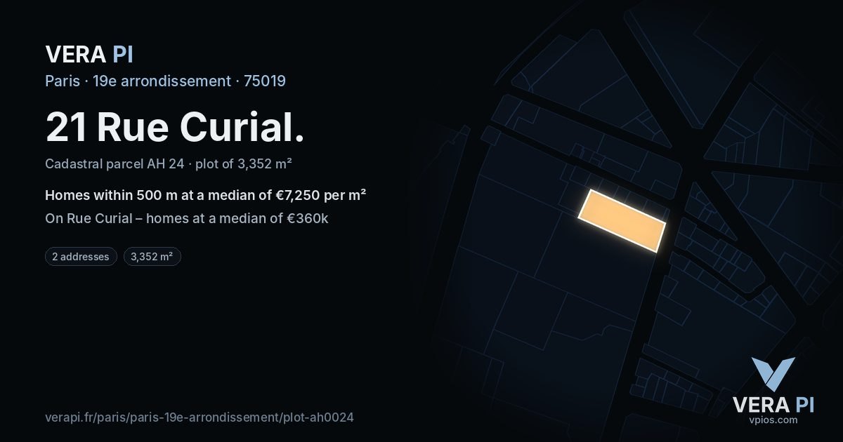 21 Rue Curial, 19e arrondissement at night – the plot lit, the parcels around coloured by the prices near them