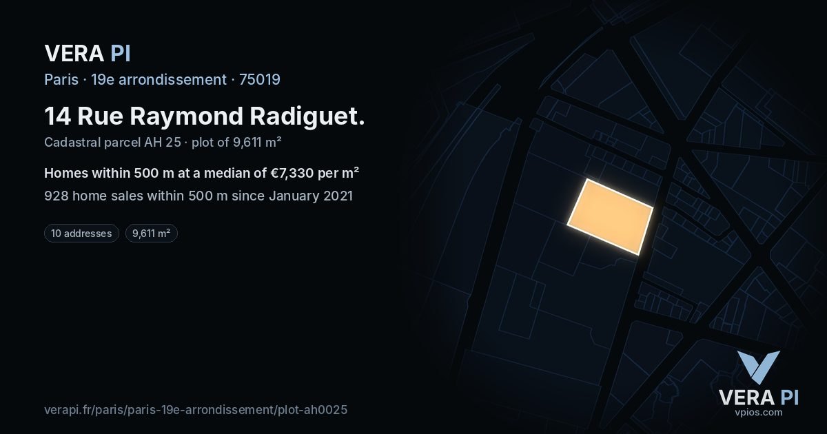 14 Rue Raymond Radiguet, 19e arrondissement at night – the plot lit, the parcels around coloured by the prices near them