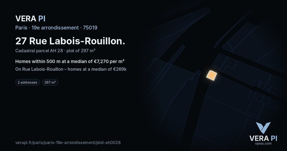 27 Rue Labois-Rouillon, 19e arrondissement at night – the plot lit, the parcels around coloured by the prices near them