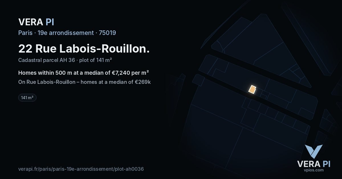 22 Rue Labois-Rouillon, 19e arrondissement at night – the plot lit, the parcels around coloured by the prices near them