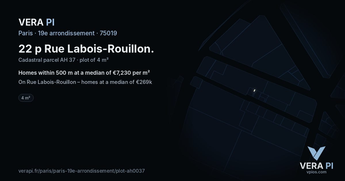 22 p Rue Labois-Rouillon, 19e arrondissement at night – the plot lit, the parcels around coloured by the prices near them