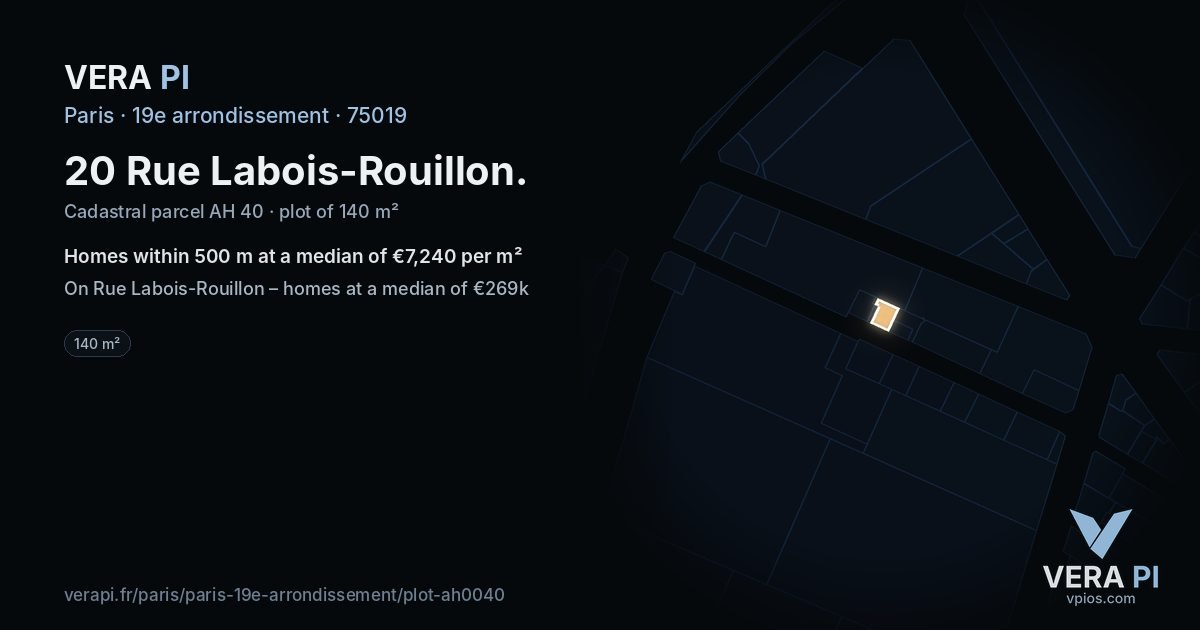 20 Rue Labois-Rouillon, 19e arrondissement at night – the plot lit, the parcels around coloured by the prices near them