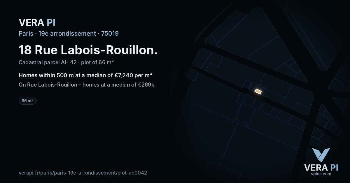 18 Rue Labois-Rouillon, 19e arrondissement at night – the plot lit, the parcels around coloured by the prices near them