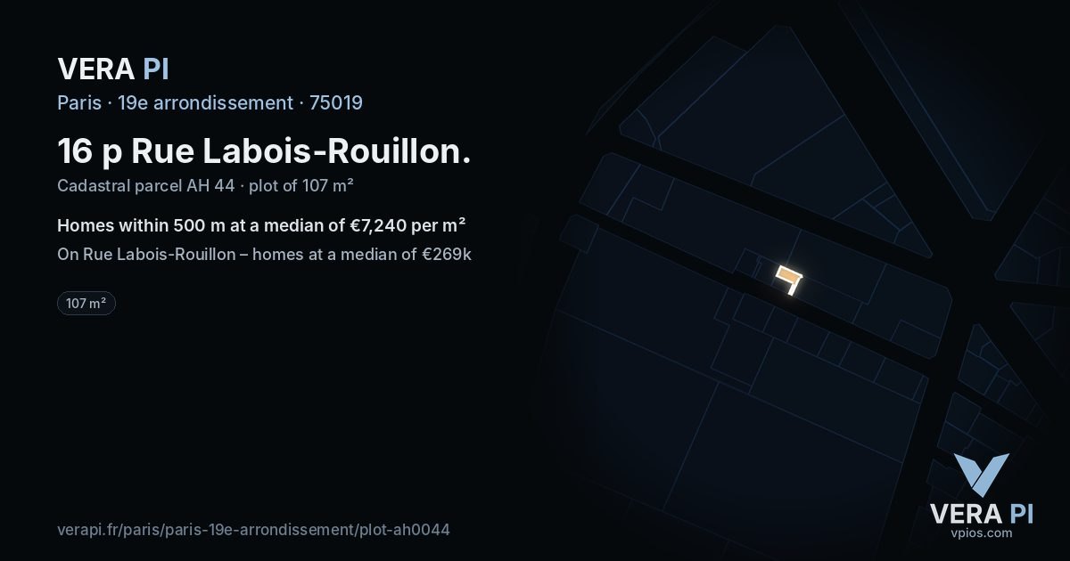 16 p Rue Labois-Rouillon, 19e arrondissement at night – the plot lit, the parcels around coloured by the prices near them