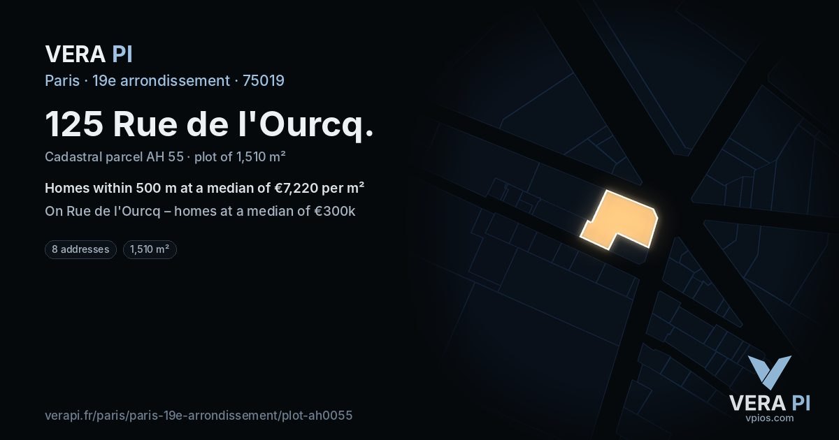 125 Rue de l'Ourcq, 19e arrondissement at night – the plot lit, the parcels around coloured by the prices near them