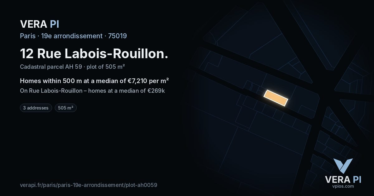 12 Rue Labois-Rouillon, 19e arrondissement at night – the plot lit, the parcels around coloured by the prices near them