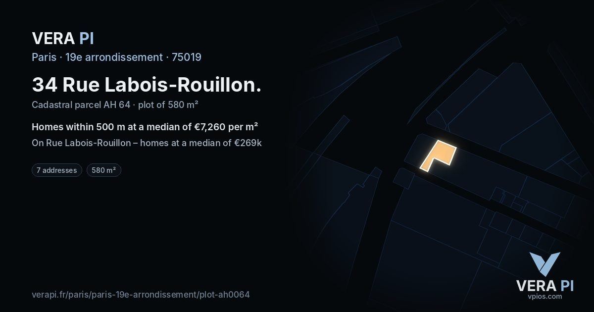 34 Rue Labois-Rouillon, 19e arrondissement at night – the plot lit, the parcels around coloured by the prices near them