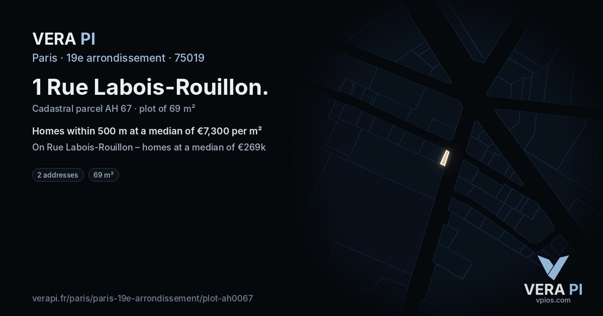 1 Rue Labois-Rouillon, 19e arrondissement at night – the plot lit, the parcels around coloured by the prices near them