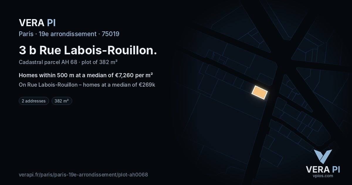 3 b Rue Labois-Rouillon, 19e arrondissement at night – the plot lit, the parcels around coloured by the prices near them