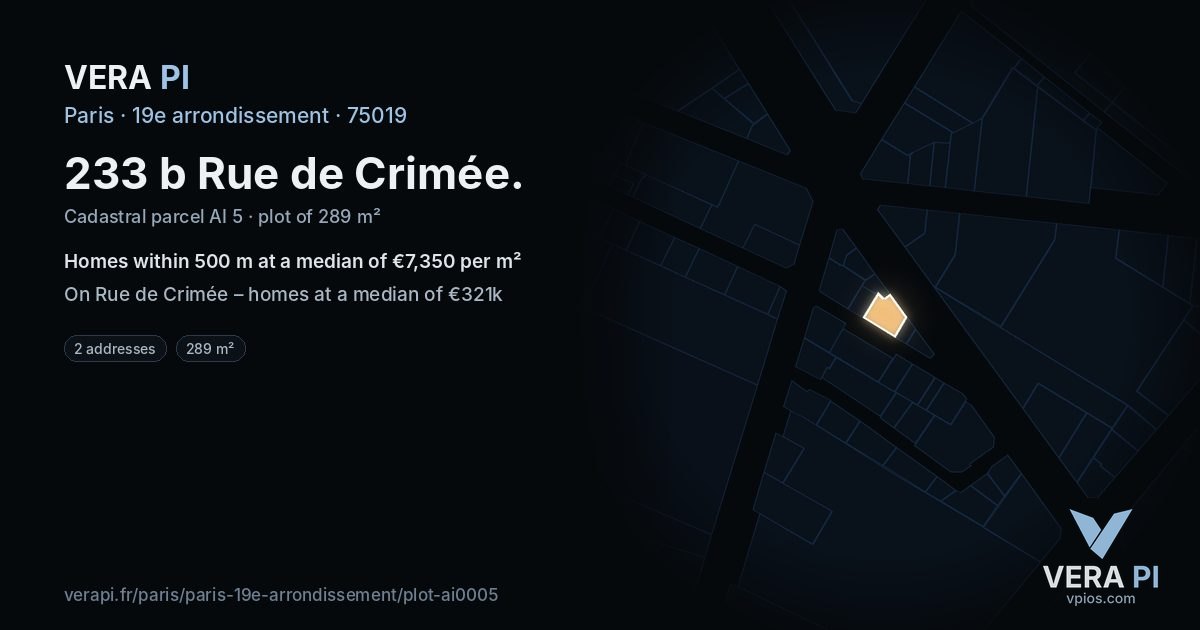 233 b Rue de Crimée, 19e arrondissement at night – the plot lit, the parcels around coloured by the prices near them