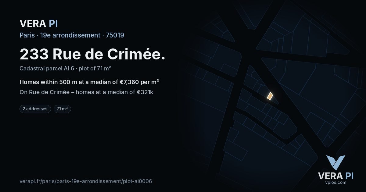 233 Rue de Crimée, 19e arrondissement at night – the plot lit, the parcels around coloured by the prices near them
