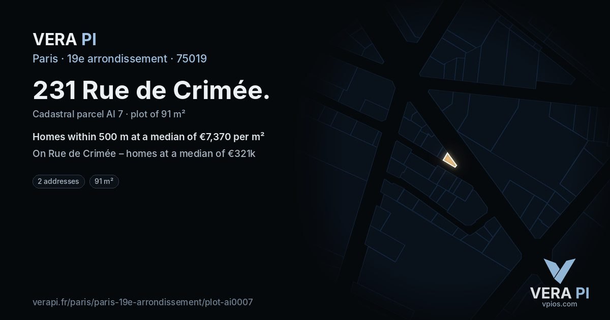 231 Rue de Crimée, 19e arrondissement at night – the plot lit, the parcels around coloured by the prices near them