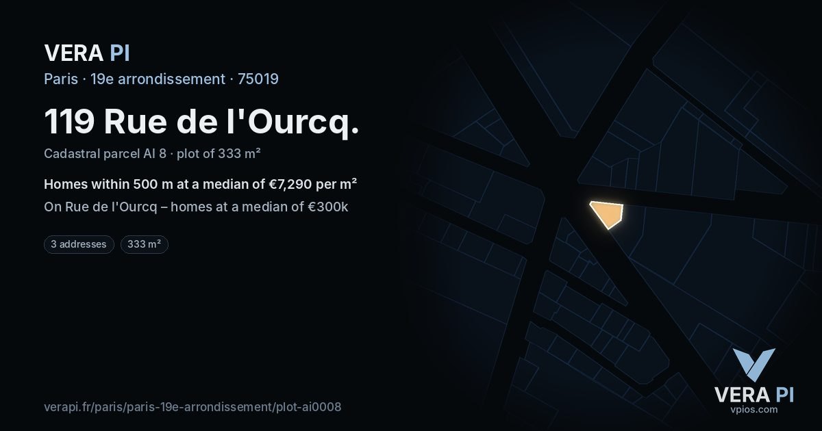 119 Rue de l'Ourcq, 19e arrondissement at night – the plot lit, the parcels around coloured by the prices near them