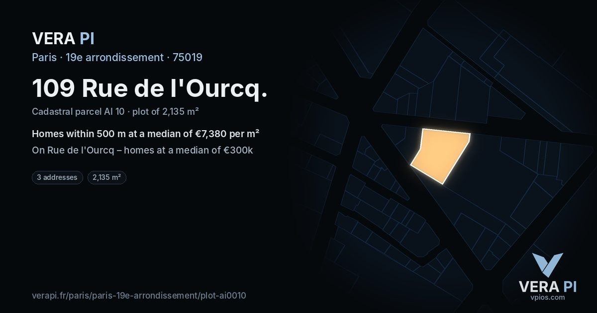 109 Rue de l'Ourcq, 19e arrondissement at night – the plot lit, the parcels around coloured by the prices near them