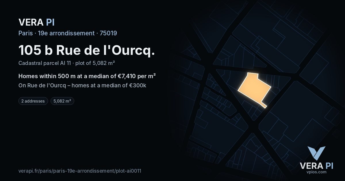 105 b Rue de l'Ourcq, 19e arrondissement at night – the plot lit, the parcels around coloured by the prices near them