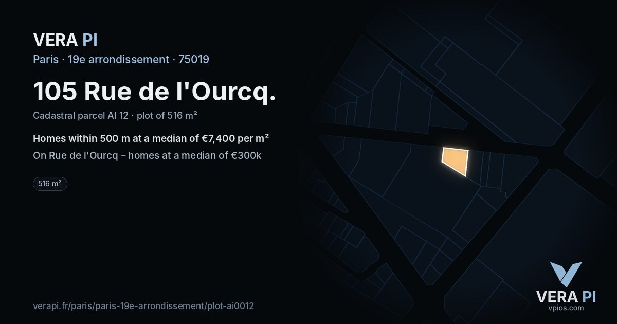 105 Rue de l'Ourcq, 19e arrondissement at night – the plot lit, the parcels around coloured by the prices near them