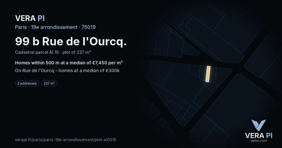 99 b Rue de l'Ourcq, 19e arrondissement at night – the plot lit, the parcels around coloured by the prices near them