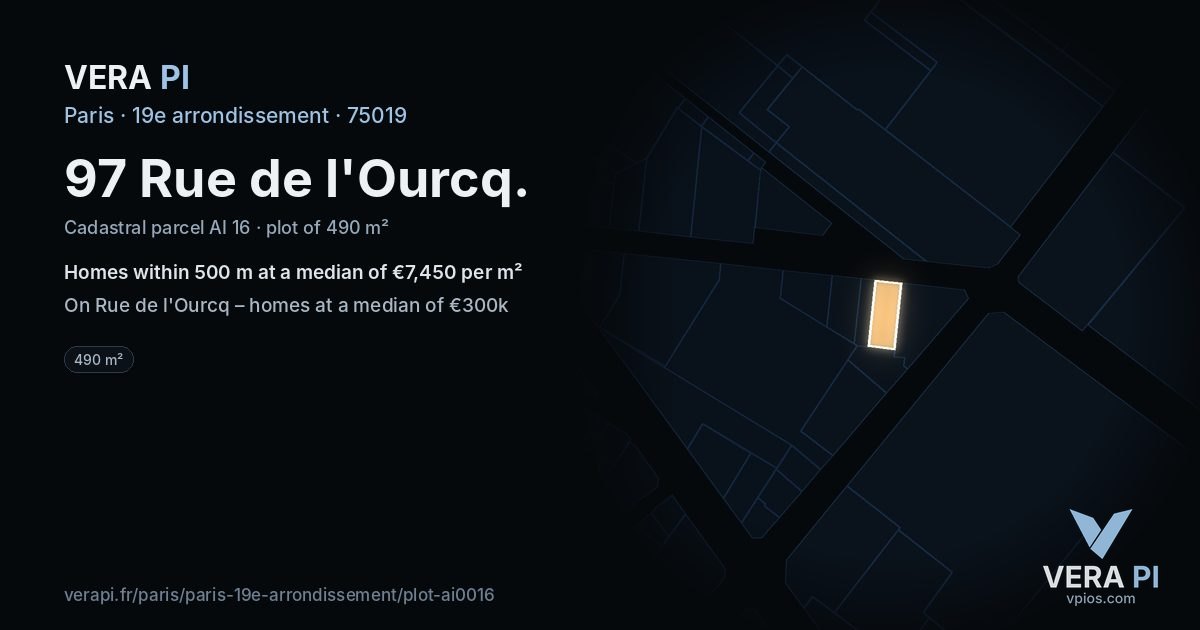 97 Rue de l'Ourcq, 19e arrondissement at night – the plot lit, the parcels around coloured by the prices near them